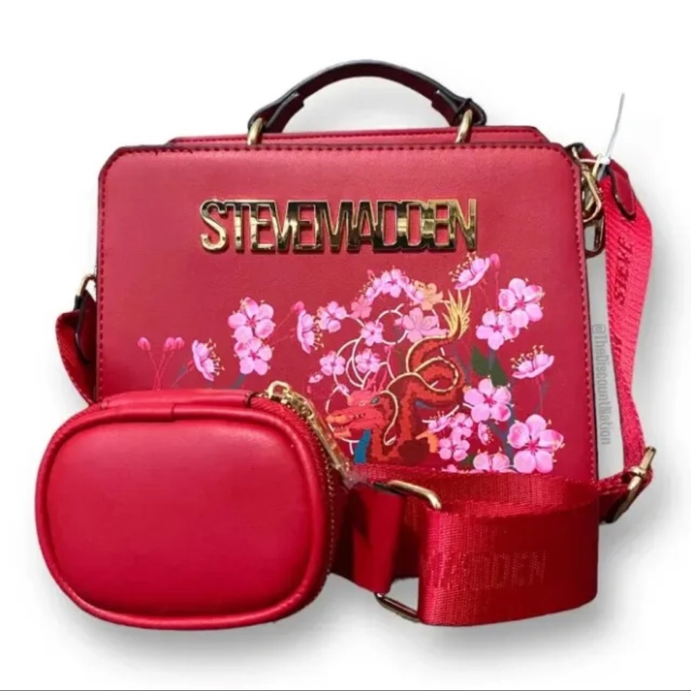 NWT STEVE MADDEN BEVELYN DRAGON SATCHEL CROSSBODY BAG W AIR POD CASE RED